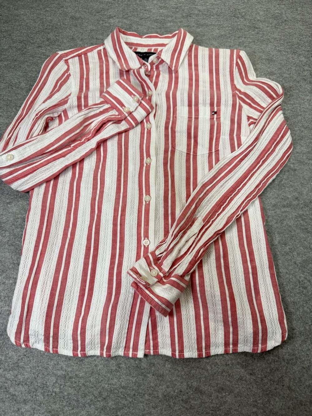 Tommy Hilfiger Women's Red and White Striped Long Sleeve Button Down Shirt Sz XS